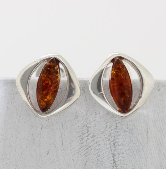 Orecchini A Bottone Ovali In Argento 925 E Ambra Baltica Color Cognac 1,5 Cm - 2