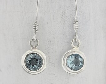 Blue Topaz Earrings / Sterling Silver / September Birthstone / Round / Simple Drop Earrings / Summer / Blue / September Birthday