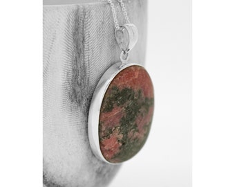 Oval Rhodonite Pendant: Sterling Silver Necklace, Pink & Black Stone