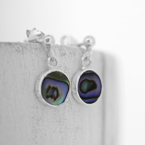 May include: A pair of silver earrings with iridescent abalone shell accents. The earrings are round and have a silver hook fastening.