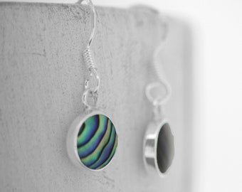 Sterling Silver Abalone Shell Drop Earrings: Round Paua Shell