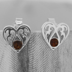 Amber Studs / Heart Amber Studs / Cognac Baltic Amber Earrings / Love / Orange Amber Studs / Celtic Earrings / Small Amber Stud Earrings