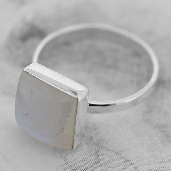 Sterling Silver Rainbow Moonstone Ring / Square Moonstone Ring / Rainbow Moonstone Ring / April Birthstone / Square Rainbow Moonstone Ring