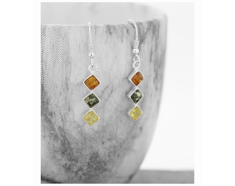 Mixed Amber Earrings / Diamond Shape Earrings / Amber Earrings / Sterling Silver  / Shepard Hook / Baltic Amber Earrings