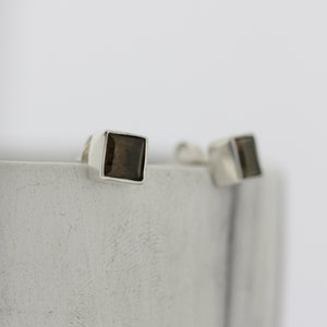 May include: A pair of silver stud earrings with square-shaped brown gemstones.