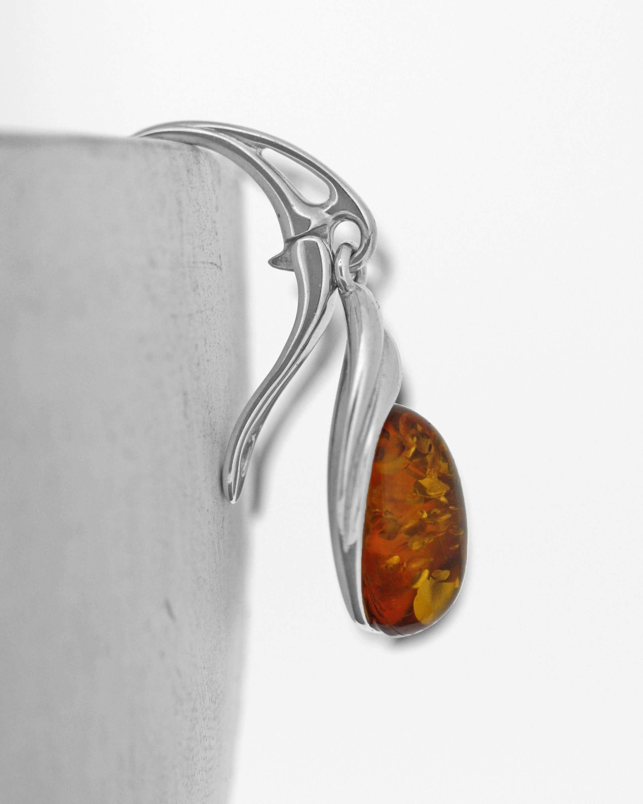 Orecchini Pendenti In Ambra Baltica E Argento 925 - Colore Cognac - Chiusura A Leva - 11x23 Mm