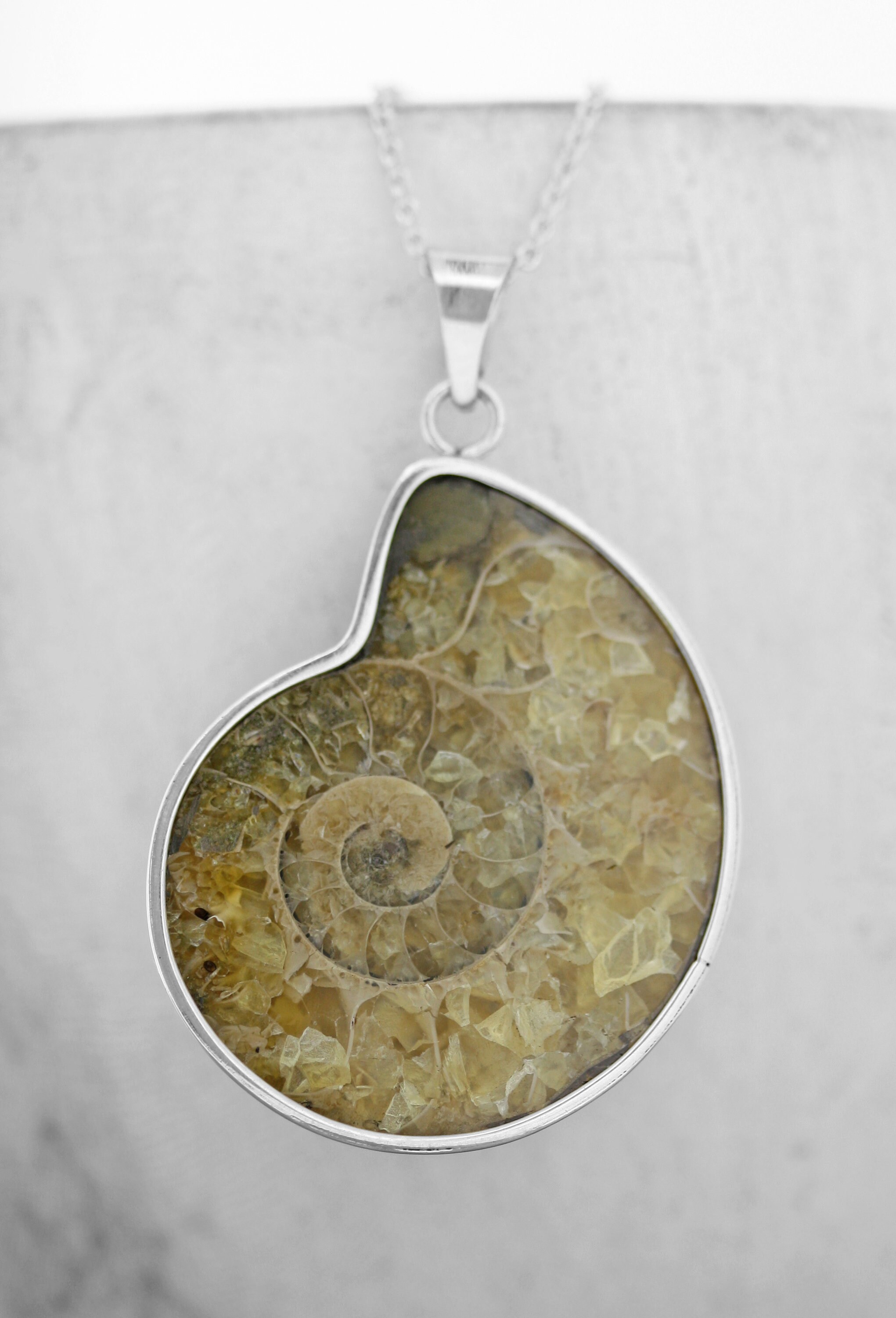 アンモナイトの手作りシルバーペンダント スターリングシルバーのアンモナイトペンダントネックレス：化石