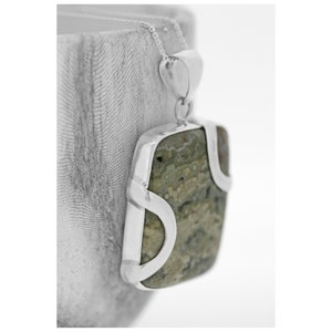 Ocean Jasper Sterling Silver Pendant: Rectangle Green Stone Necklace