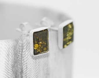 Green Baltic Amber Stud Earrings: Sterling Silver Minimalist Jewellery