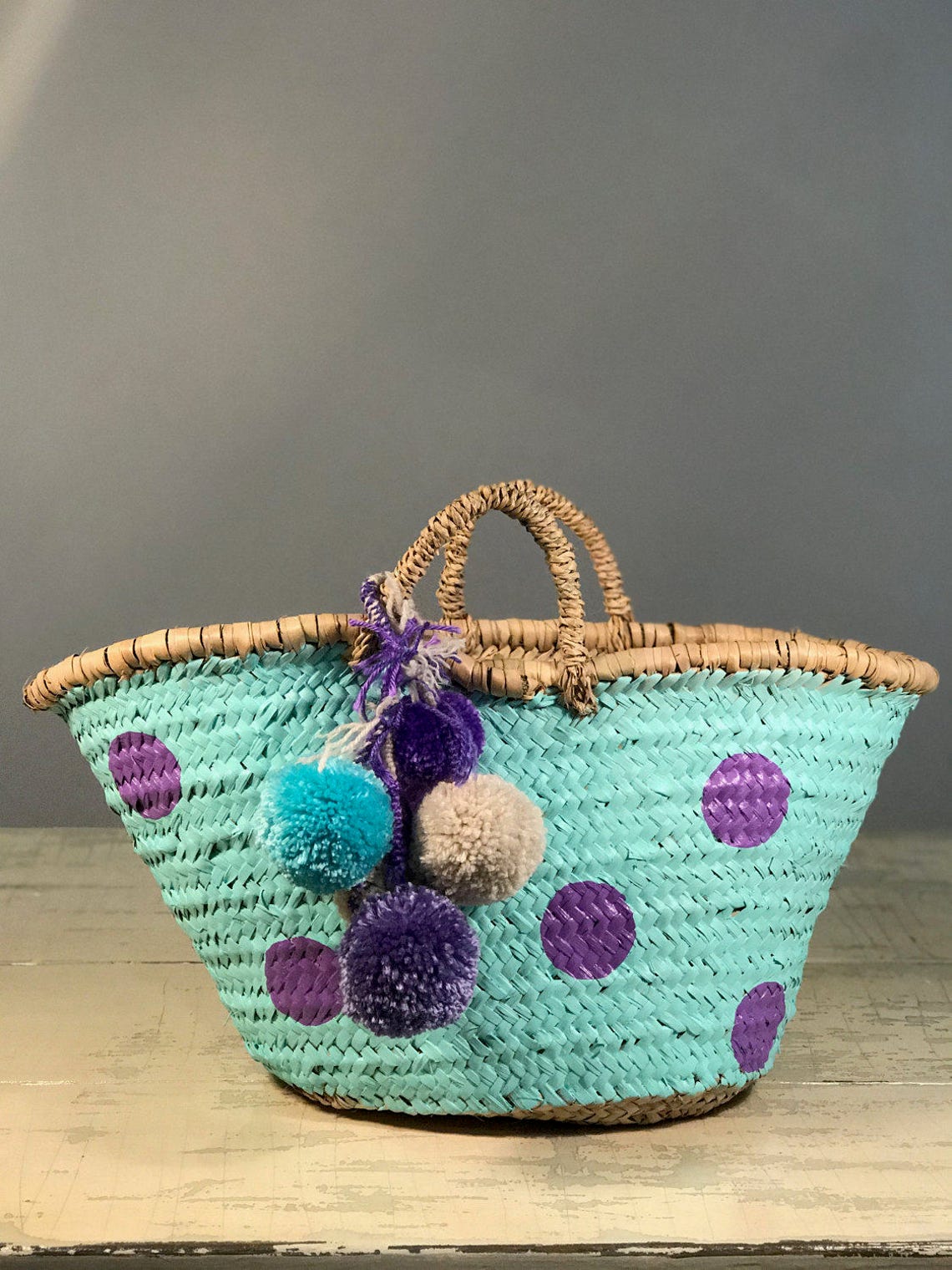 Blue and purple polka dots straw basket with pom poms Etsy