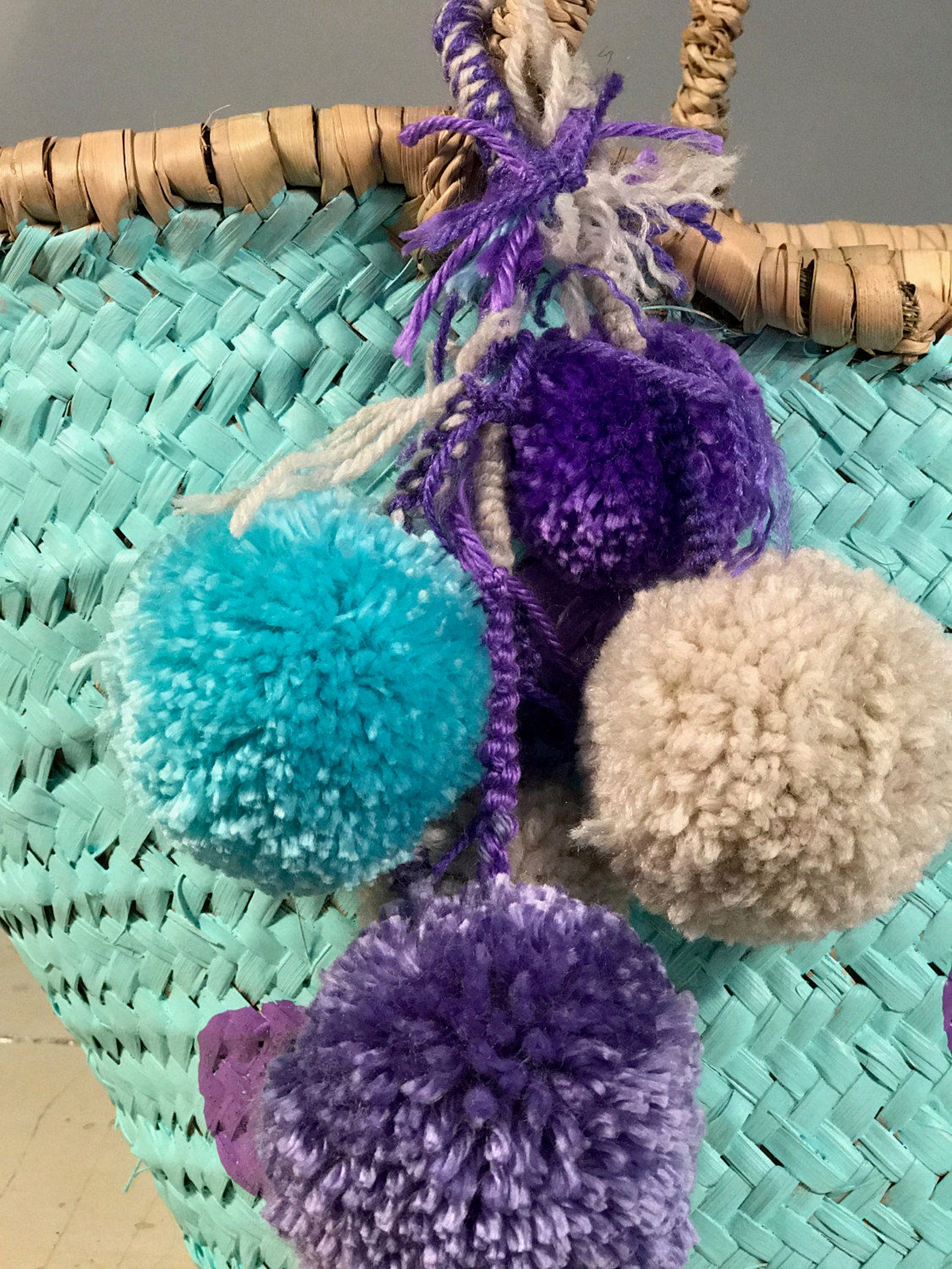 Blue and purple polka dots straw basket with pom poms Etsy