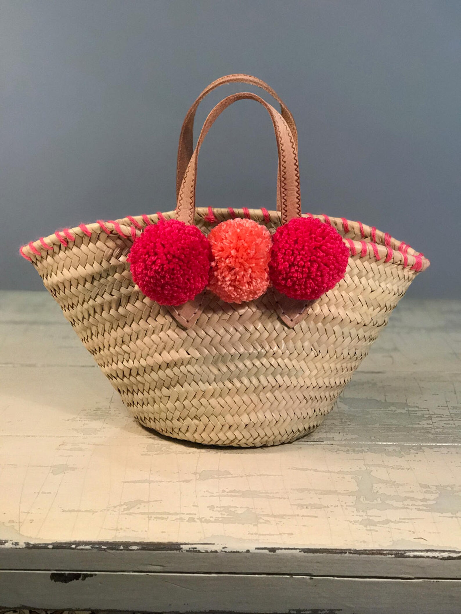 Mini straw basket for adults or kids with pink pom poms | Etsy
