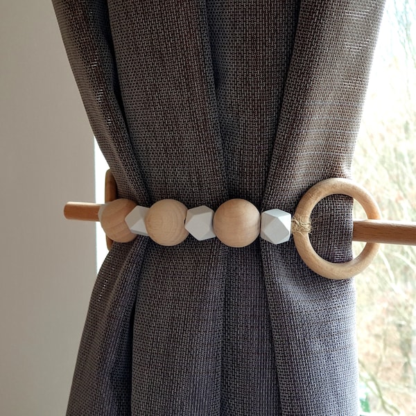Embrasse de rideau en perles de bois - perles naturelles - perles blanches - accessoires pour rideaux - décoration de fenêtre - attache de rideau rustique - attache de rideau dans le dos