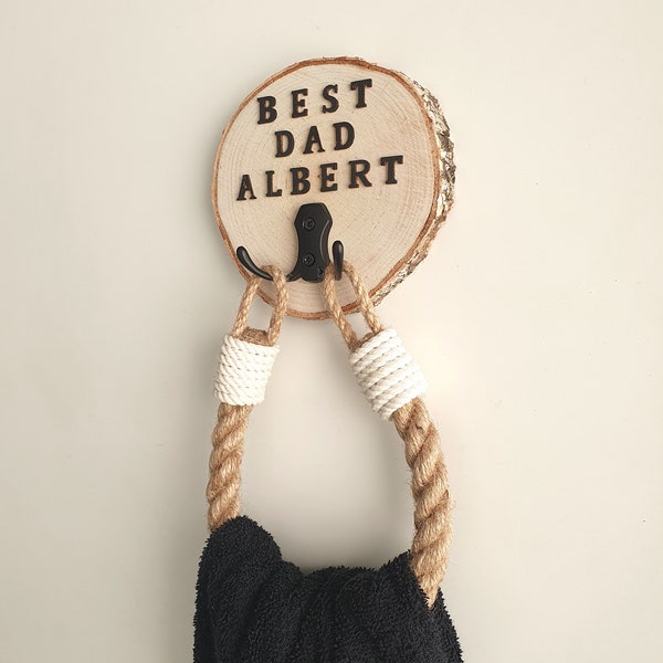 Personalized Towel Holder..Wood Slice and Jute Rope..Personalized Gift..Greetings for Dad.