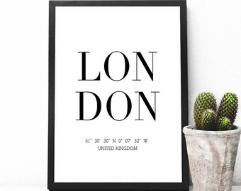Printable geographic coordinates, London, printable wall art, typography, wall art, immediate download, download print
