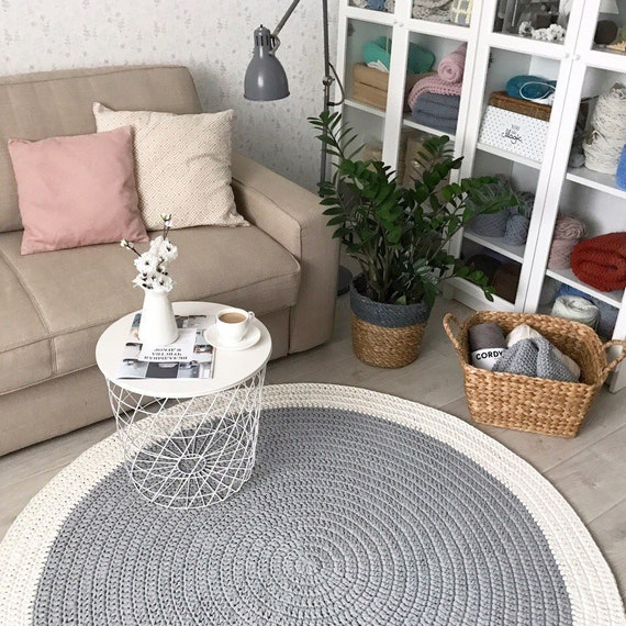 Crochet Gray Round Rug Srochet Carpet Floor Knitted Rug Nursery Cotton Crochet Rug Round Area Rug Scandinavian Grey Rug Bedroom Rug
