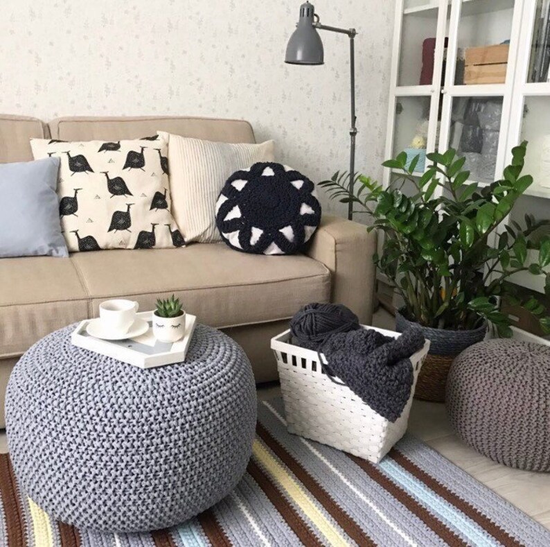 Grey Crochet Pouf Knitted And Ottoman Scandinavian Image 0