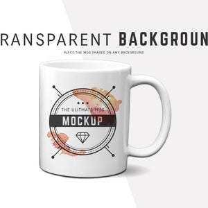 Puede incluir: Taza de cer&aacute;mica blanca con un dise&ntilde;o en blanco y negro que incluye el texto "The Ultimate Mug Mockup" y un gr&aacute;fico de diamante. El dise&ntilde;o est&aacute; rodeado de un fondo de acuarela naranja y rosa.