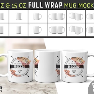 Puede incluir: Maqueta de una taza blanca de 11 y 15 onzas con un dise&ntilde;o de envoltura completa. El dise&ntilde;o presenta un c&iacute;rculo con el texto "The Ultimate Mug Mockup" y una forma de diamante dentro del c&iacute;rculo. El c&iacute;rculo est&aacute; rodeado por un dise&ntilde;o similar a la acuarela en tonos de rosa y naranja.