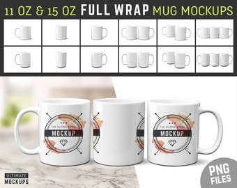 11 oz & 15 oz Full Wrap Mug Mockup Blanks | Coffee Cup Mockup | White Sublimation Mug Mock Up | Blank Mug Design Template (TRANSPARENT PNGs)
