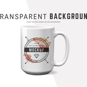 Puede incluir: Taza de cer&aacute;mica blanca con un dise&ntilde;o gr&aacute;fico en blanco y negro que incluye el texto "The Ultimate Mug Mockup" y una forma de diamante. El gr&aacute;fico est&aacute; rodeado de una salpicadura de color naranja y rosa estilo acuarela.