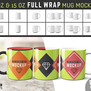 May include: Mockup of two white ceramic mugs, one 11 oz and one 15 oz, with a full wrap design. The mugs feature a green background with a red diamond shape and the text "The Ultimate Mug Mockup".