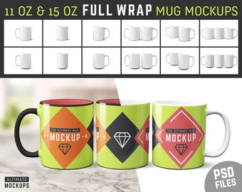 Maquetas de tazas de 11 oz y 15 oz / Espacios en blanco de tazas blancas / Maquetas de tazas de café / Maquetas de tazas con envoltura completa / Maquetas de tazas de 11 oz / Maquetas de tazas de 15 oz (PSD EN CAPAS)