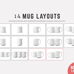 Puede incluir: 14 dise&ntilde;os de taza diferentes con tazas blancas sobre un fondo blanco. Las tazas est&aacute;n dispuestas en varias posiciones, incluyendo tazas individuales, pares de tazas y grupos de tres tazas. La imagen est&aacute; etiquetada como "14 dise&ntilde;os de taza" y "Im&aacute;genes PNG de alta resoluci&oacute;n con fondos transparentes (5000x3500 p&iacute;xeles @ 300 DPI)".