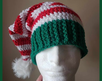 Mid-length Stocking Hat, Crochet Holiday Beanie, Santa's Helper Cap