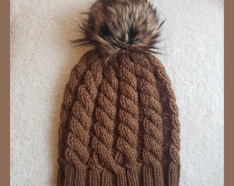 Cable Knit Beanie, Faux Fur Pompom Hat, Brown Winter Hat