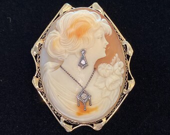 Vintage Carved Shell Diamond Habille Cameo Pin/Pendant