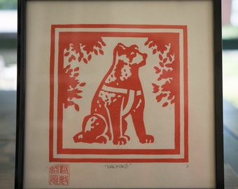 Woodblock Print of Hachiko Manhole Cover at Shibuya Station