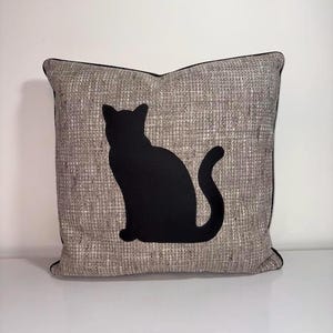 Super cute cat Themed Throw Pillow 15X15 Upholstery quality brown tweed cotton with cat cut from soft faux black leather stitched on front