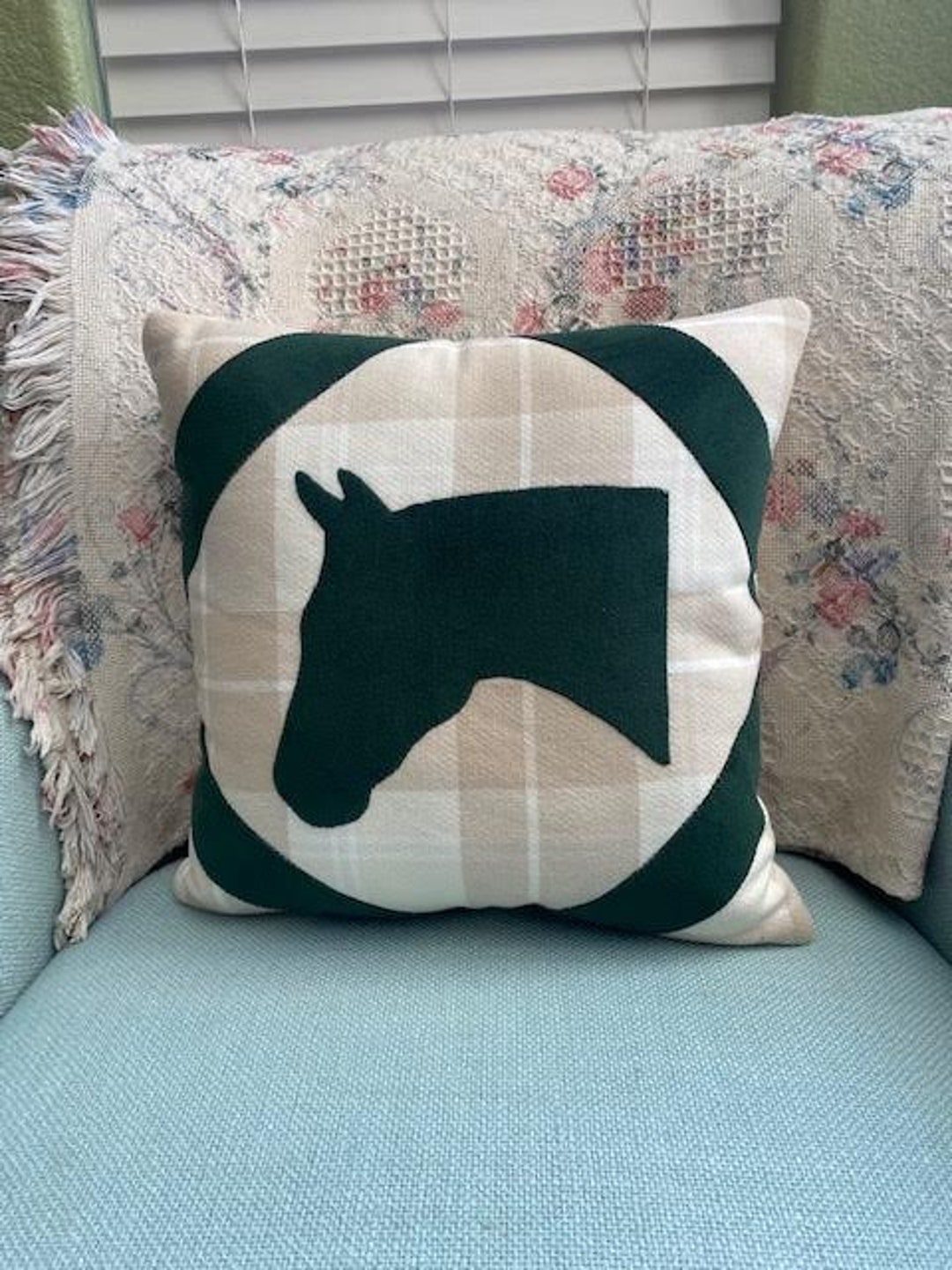 Sweet Horse Themed Throw Pillow 15x15 Green Velvet Feeling Horse Head