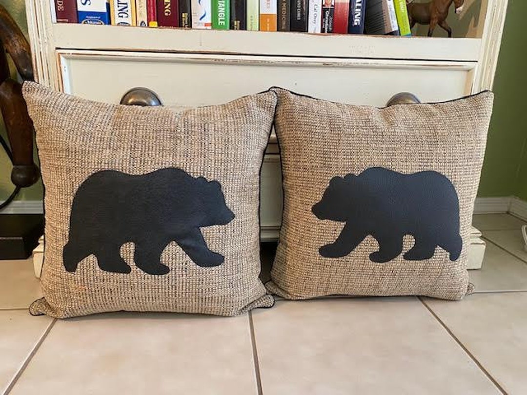 Pair of Black Bear Pillows With Subtle Black Piping Surrounding Beautiful Brown and Black Heavy