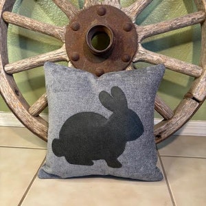 Handmade adorable Bunny Themed Throw Pillow 12X12 - Upholstery quality gray pillow with rabbit cut from soft faux leather stitched on front