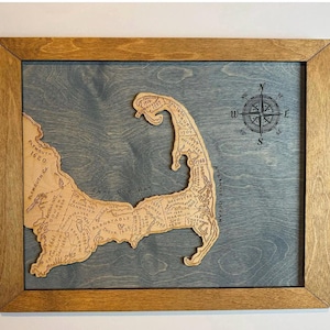 Cape Cod Map Framed Wood Map | Engraved Wooden Wall Hanging - East Coast Beach House Decor