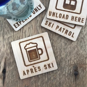 Mountain Ski Chalet Set of 4 Wood Coasters | Experts Only, Unload Here, Ski Patrol, Apres Ski | Winter Sports Snowboard Present |