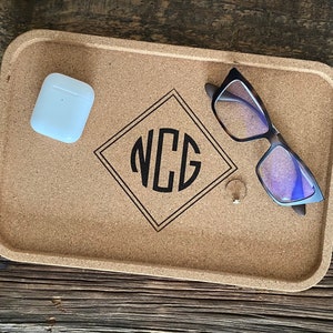 Custom Engraved Monogram Bedside Desk Cork Tray | Nightstand Phone Wallet Office Organizer Personalized Present Wedding Ring Jewelry Holder