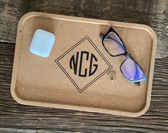 Custom Engraved Monogram Bedside Desk Cork Tray | Nightstand Phone Wallet Office Organizer Personalized Present Wedding Ring Jewelry Holder