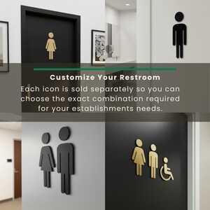 K&ouml;nnte beinhalten: Eine Sammlung von Toilettenschildern mit goldenen und schwarzen Silhouetten von m&auml;nnlichen, weiblichen und rollstuhlgerechten Figuren. Der Text lautet: Customize Your Restroom. Each icon is sold separately so you can choose the exact combination required for your establishments needs.