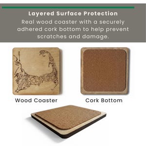 May include: A square wood coaster featuring a laser-engraved map of Cape Cod on the top surface and a brown cork bottom. The text Layered Surface Protection, Real wood coaster with a securely adhered cork bottom to help prevent scratches and damage is visible.