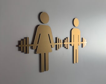 Gym Weightlifting Acrylic Bathroom Icons 3M Adhesive Tape Backing | Gold Silver Black Locker Room Restroom Signs
