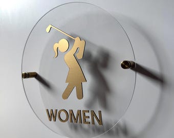 Gold Golfer Restroom Sign: Acrylic Country Club Decor