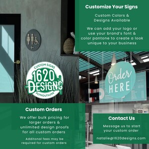 K&ouml;nnte beinhalten: Eine Werbegrafik mit einem runden Toilettenschild, einem Logo f&uuml;r 1620 Designs und einem h&auml;ngenden Schild mit der Aufschrift Order Here. Der Text enth&auml;lt Customize Your Signs, Custom Orders und Contact Us unter natalie@1620designs.com.