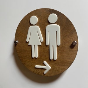 Wood and Acrylic Bathroom Directional Arrow Sign | Unisex Men Women Handicap Designs | Business Restroom Signs