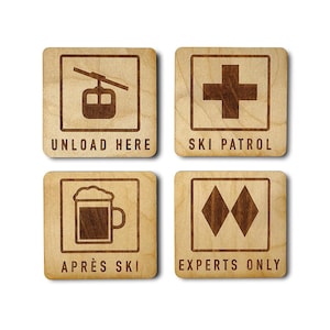 Apres Ski Untersetzer | 4er Set Mountain Sports Designs | Laser graviertes Echtholz mit Korkboden - Ski Cabin Decor
