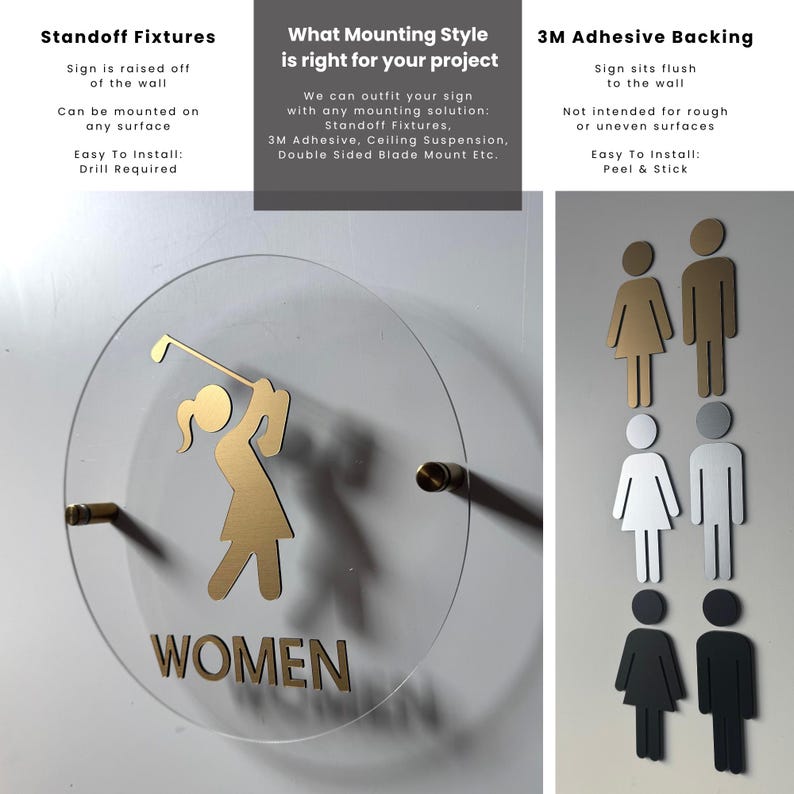 K&ouml;nnte beinhalten: Ein rundes Schild aus klarem Acryl mit einer goldenen Grafik einer Person, die einen Golfschl&auml;ger schwingt, und dem Text WOMEN. Das Schild ist mit goldenen Abstandshaltern montiert. Rechts befinden sich sechs Strichm&auml;nnchen in Gold, Silber und Schwarz.