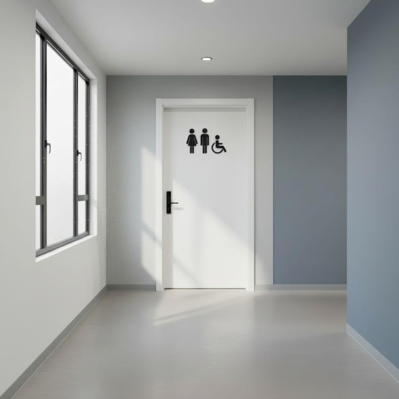 K&ouml;nnte beinhalten: Eine wei&szlig;e T&uuml;r mit einem schwarzen Toilettenschild, das Symbole f&uuml;r eine Frau, einen Mann und eine Person im Rollstuhl zeigt. Die T&uuml;r hat einen schwarzen Griff und befindet sich in einem Flur mit hellgrauen W&auml;nden, einer blauen Wand und einem Fenster.