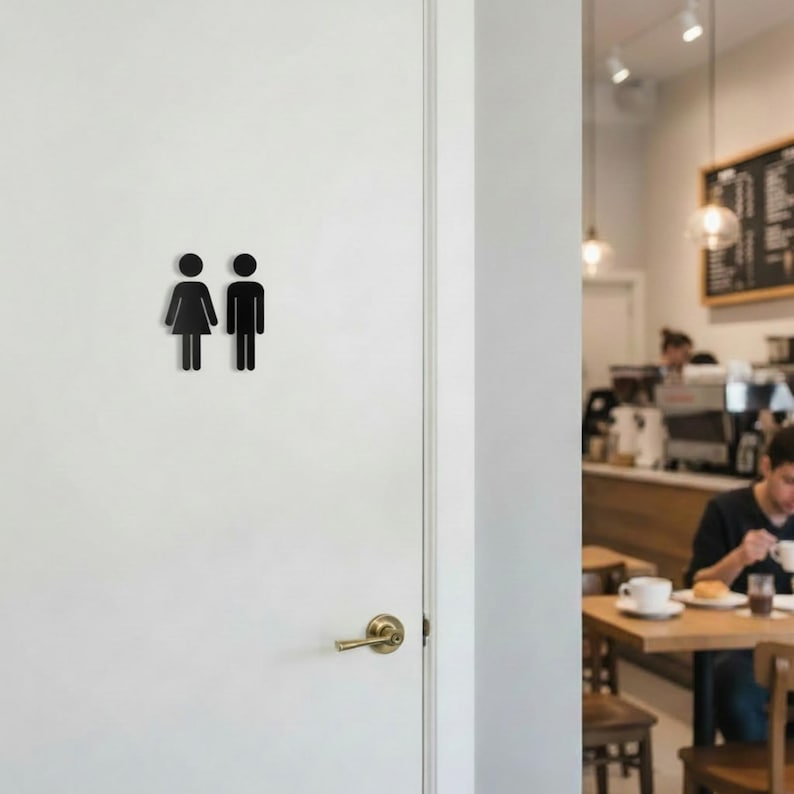 K&ouml;nnte beinhalten: Eine wei&szlig;e T&uuml;r mit einem schwarzen Toilettenschild, das stilisierte Symbole einer Person in einem Kleid und einer Person in einer Hose zeigt, angebracht &uuml;ber einem messingfarbenen T&uuml;rgriff mit runder Rosette.